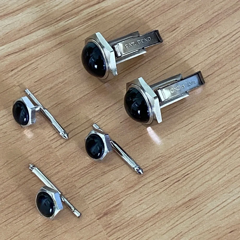 Silvertone Black Cufflinks and Shirt Stud Set